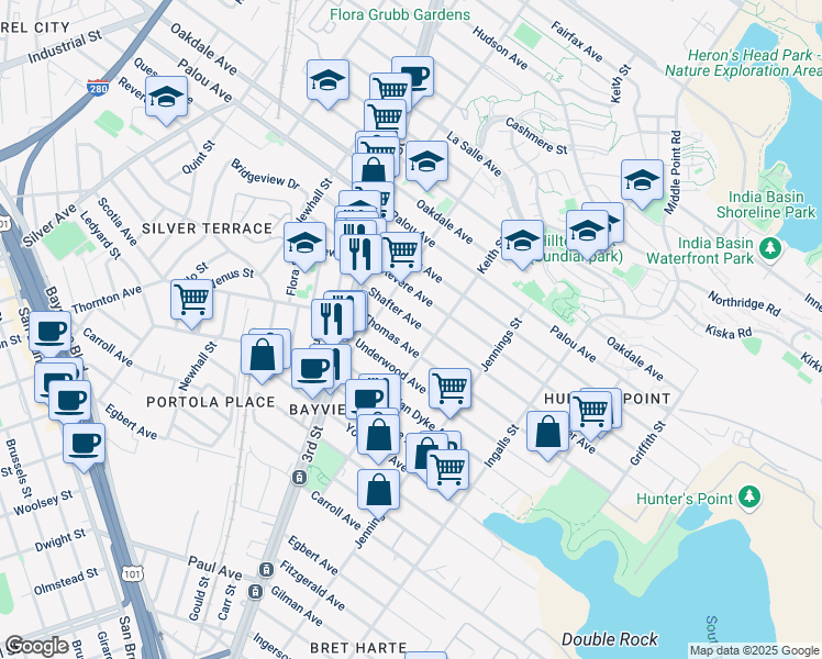 map of restaurants, bars, coffee shops, grocery stores, and more near 1838 Keith Street in San Francisco