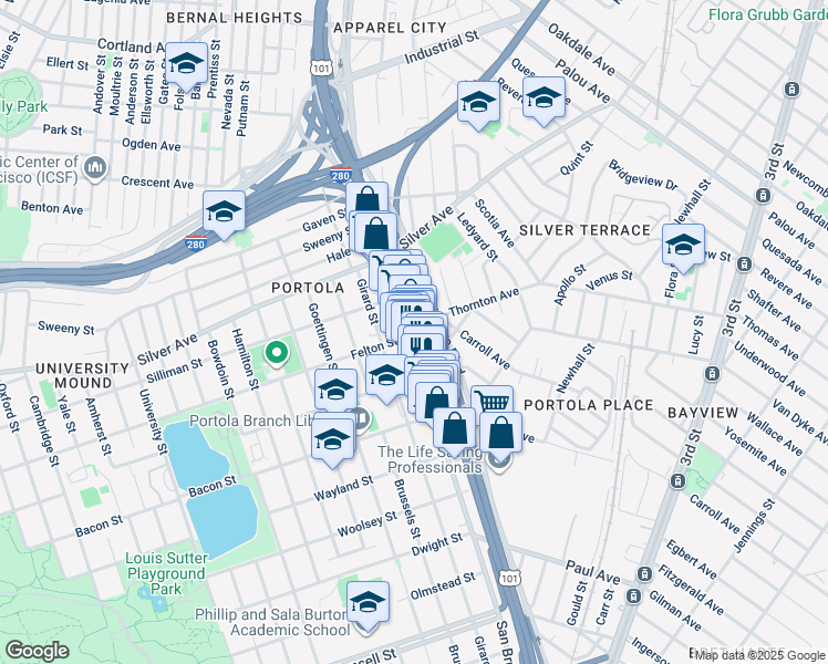 map of restaurants, bars, coffee shops, grocery stores, and more near 2 Burrows Street in San Francisco