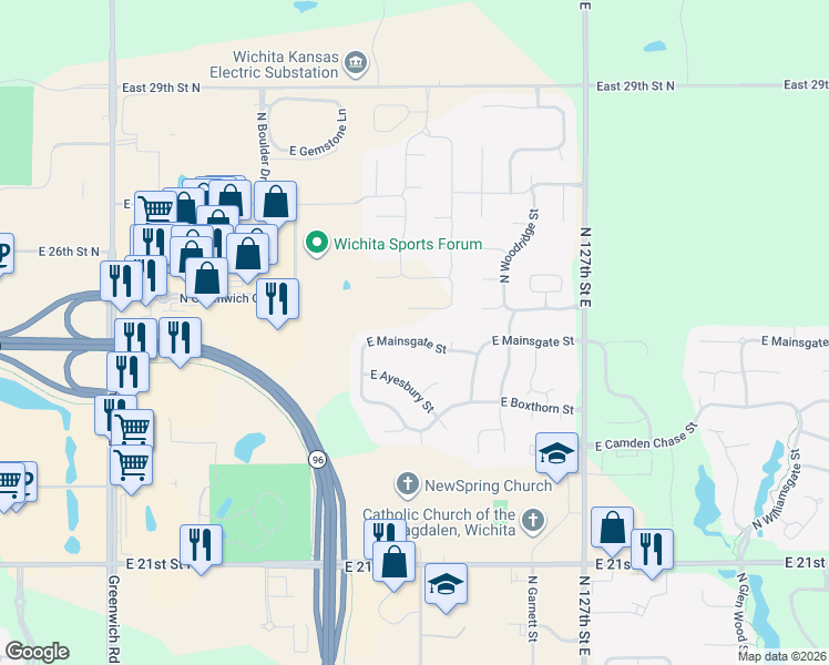map of restaurants, bars, coffee shops, grocery stores, and more near 12301 East Mainsgate Street in Wichita