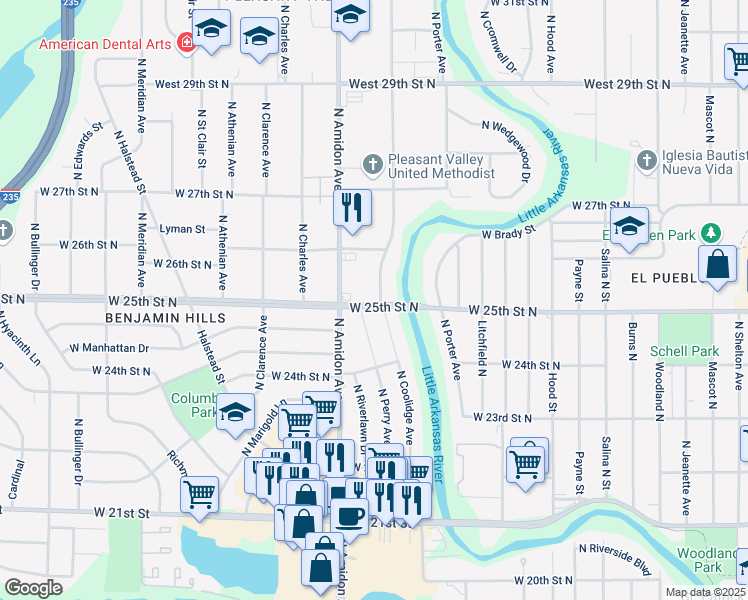 map of restaurants, bars, coffee shops, grocery stores, and more near 2544 North Perry Avenue in Wichita
