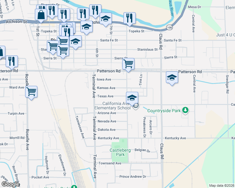 map of restaurants, bars, coffee shops, grocery stores, and more near 3719 California Street in Riverbank