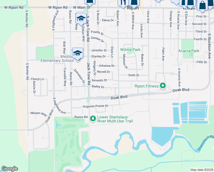 map of restaurants, bars, coffee shops, grocery stores, and more near 1176 Karen Court in Ripon
