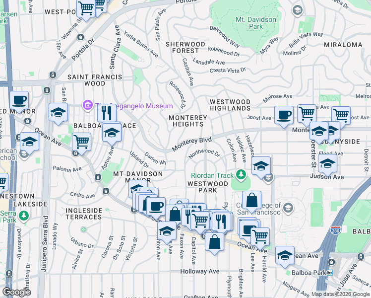 map of restaurants, bars, coffee shops, grocery stores, and more near 887 Faxon Avenue in San Francisco