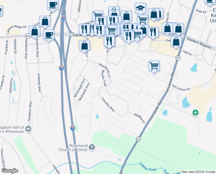 map of restaurants, bars, coffee shops, grocery stores, and more near 122 Woods Trail in Richmond