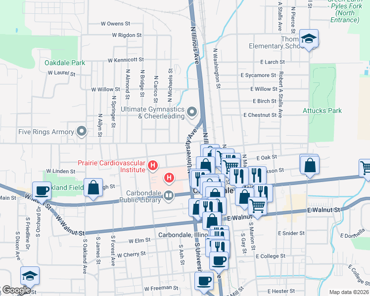 map of restaurants, bars, coffee shops, grocery stores, and more near 304-308 N University Ave in Carbondale