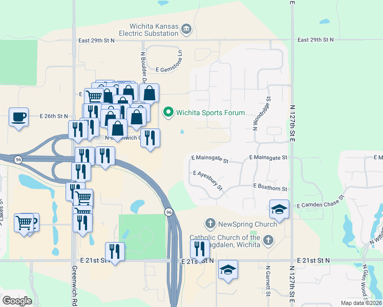 map of restaurants, bars, coffee shops, grocery stores, and more near 12006 East Mainsgate Street in Wichita