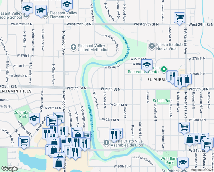 map of restaurants, bars, coffee shops, grocery stores, and more near 2555 N Somerset Ave in Wichita