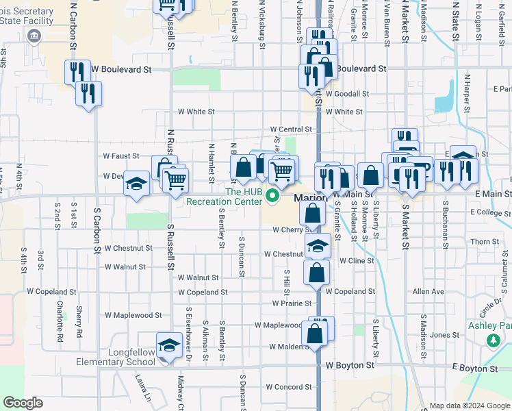 map of restaurants, bars, coffee shops, grocery stores, and more near 106 South Vicksburg Street in Marion