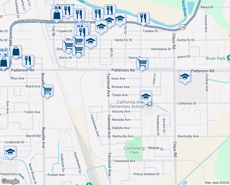 map of restaurants, bars, coffee shops, grocery stores, and more near 3637 California Street in Riverbank