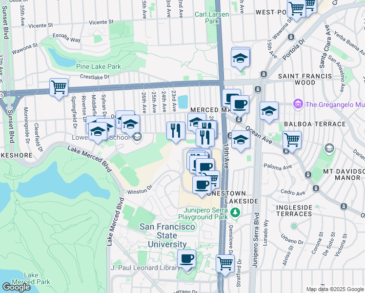 map of restaurants, bars, coffee shops, grocery stores, and more near 3572 Buckingham Way in San Francisco