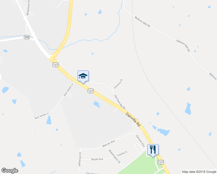 map of restaurants, bars, coffee shops, grocery stores, and more near 280 Old Danville Road in Harrodsburg