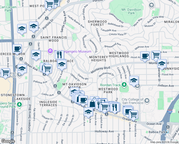 map of restaurants, bars, coffee shops, grocery stores, and more near 100 Northgate Drive in San Francisco
