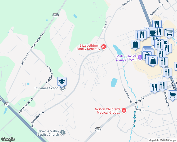 map of restaurants, bars, coffee shops, grocery stores, and more near Connecticut Court in Elizabethtown