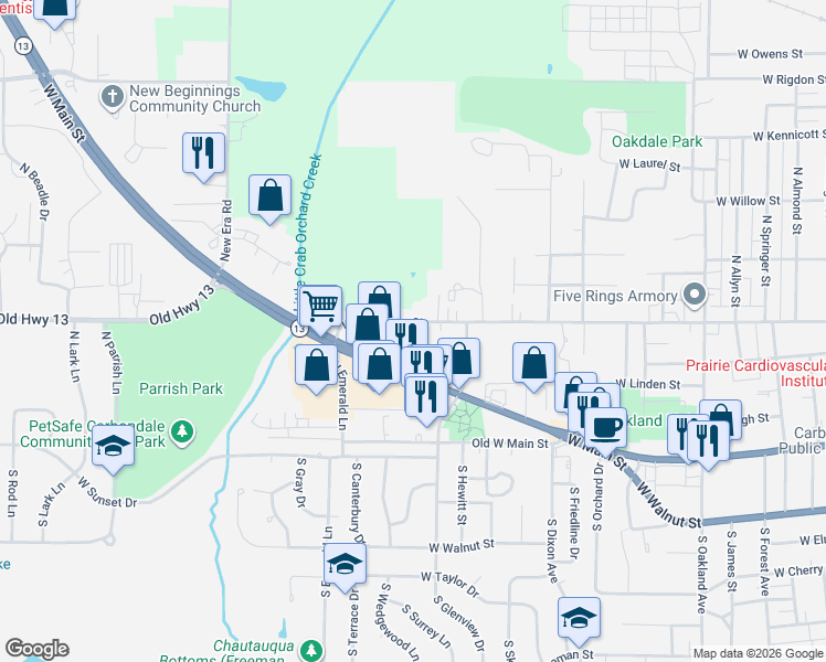 map of restaurants, bars, coffee shops, grocery stores, and more near 1700-1798 West Main Street in Carbondale