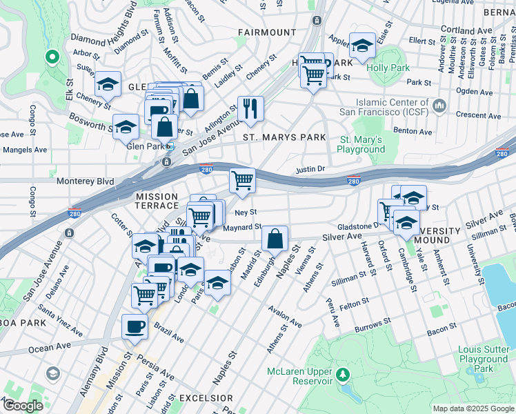 map of restaurants, bars, coffee shops, grocery stores, and more near 4095 Mission Street in San Francisco