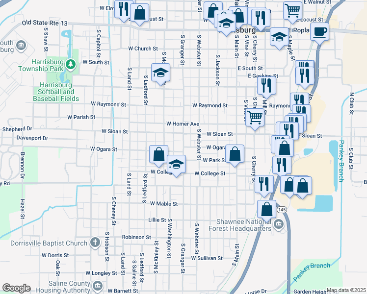 map of restaurants, bars, coffee shops, grocery stores, and more near 621 South Granger Street in Harrisburg