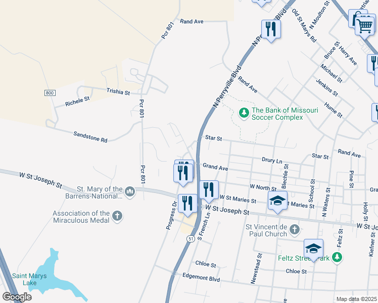 map of restaurants, bars, coffee shops, grocery stores, and more near 1613 Grand Avenue in Perryville