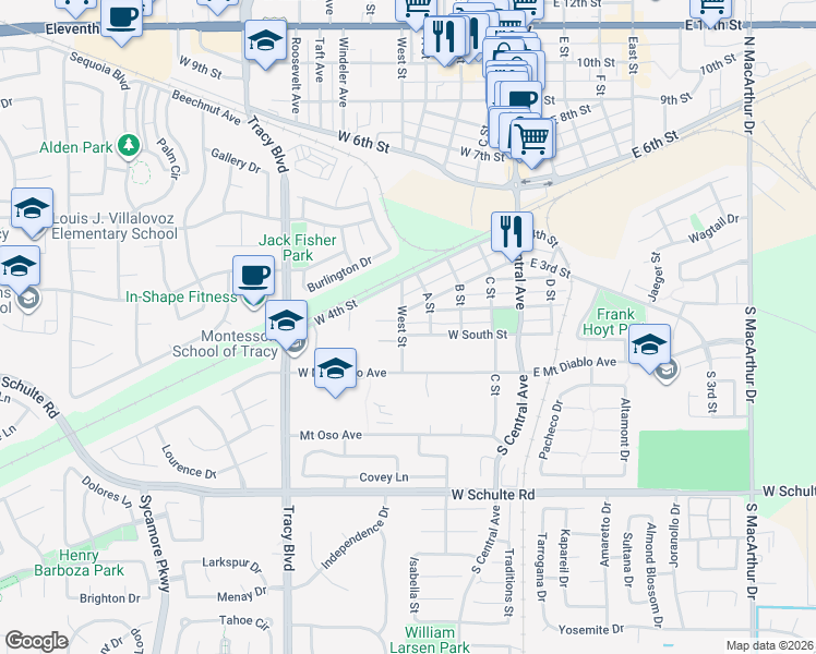 map of restaurants, bars, coffee shops, grocery stores, and more near 202 West 3rd Street in Tracy