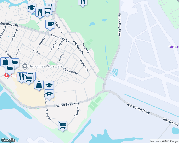 map of restaurants, bars, coffee shops, grocery stores, and more near 354 Maitland Drive in Alameda