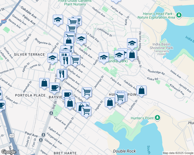 map of restaurants, bars, coffee shops, grocery stores, and more near 1448 Quesada Avenue in San Francisco