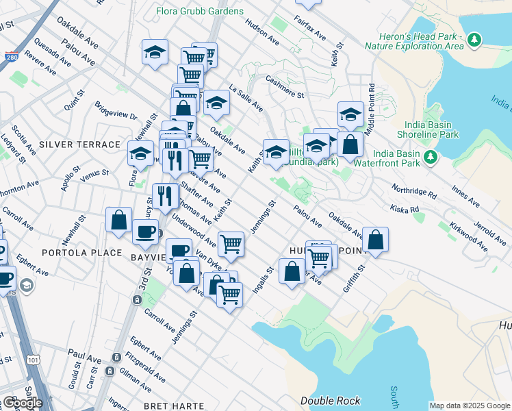 map of restaurants, bars, coffee shops, grocery stores, and more near 1448 Quesada Avenue in San Francisco