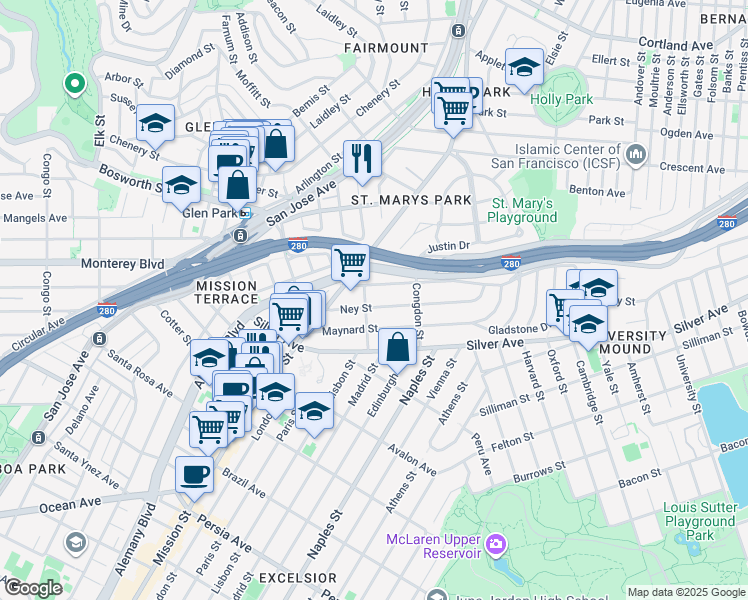 map of restaurants, bars, coffee shops, grocery stores, and more near 4095 Mission Street in San Francisco