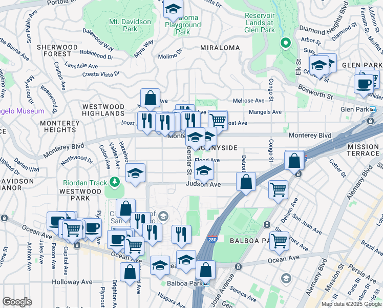 map of restaurants, bars, coffee shops, grocery stores, and more near 462 Hearst Avenue in San Francisco