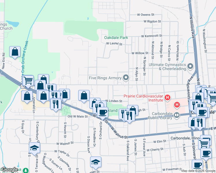 map of restaurants, bars, coffee shops, grocery stores, and more near 1006 West Sycamore Street in Carbondale