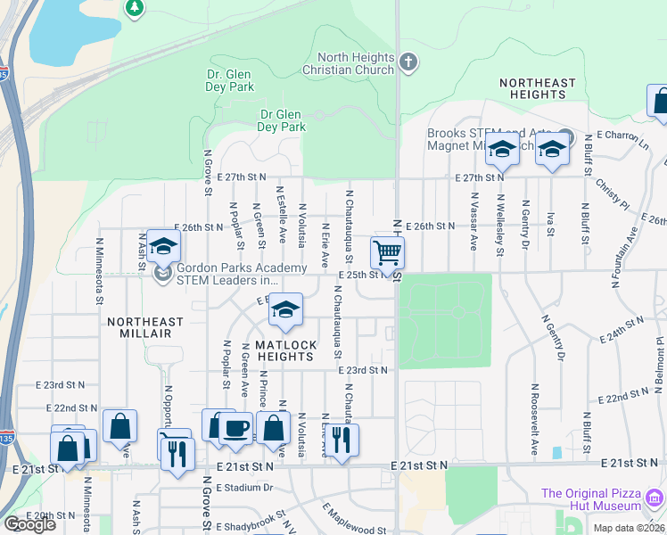 map of restaurants, bars, coffee shops, grocery stores, and more near 2626 North Erie Street in Wichita