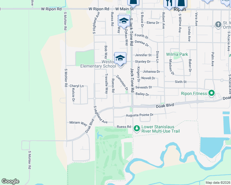 map of restaurants, bars, coffee shops, grocery stores, and more near 938 Ruess Road in Ripon