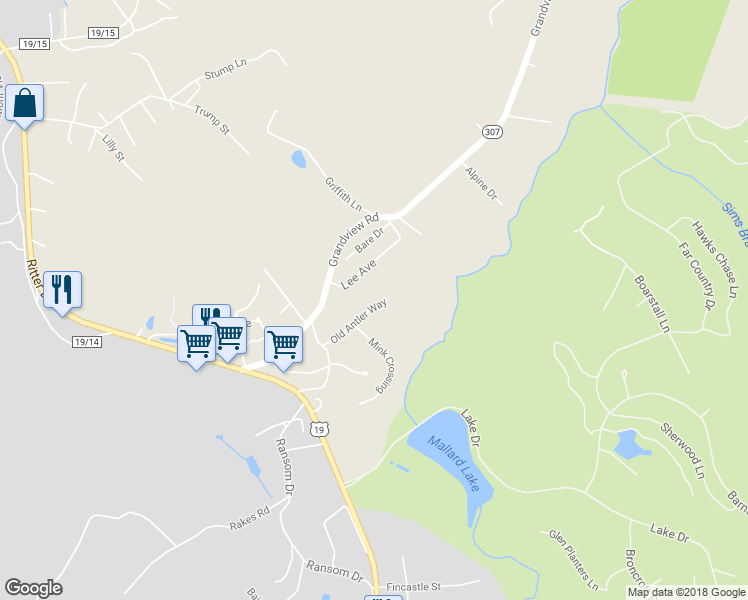 map of restaurants, bars, coffee shops, grocery stores, and more near 161 Old Antler Way in Daniels