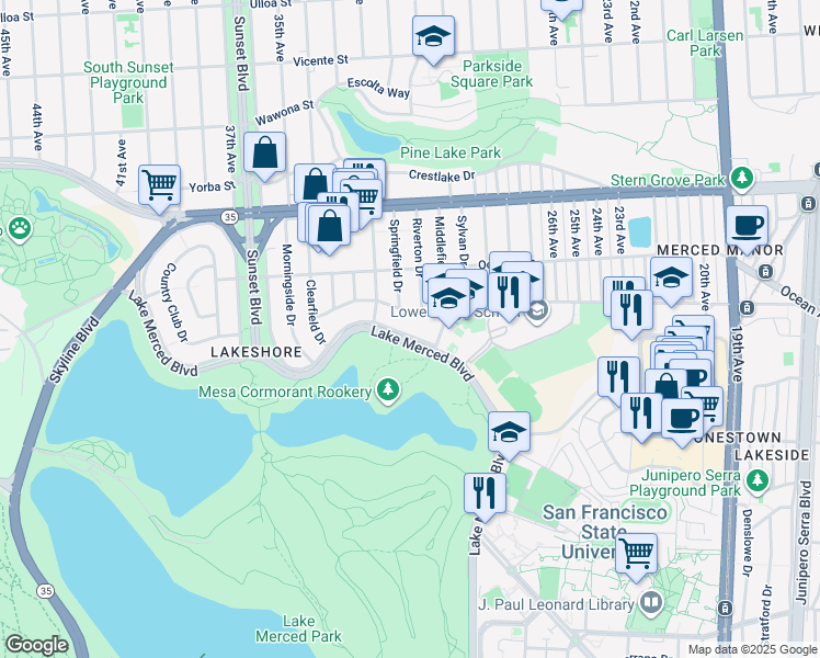 map of restaurants, bars, coffee shops, grocery stores, and more near 554 Gellert Drive in San Francisco