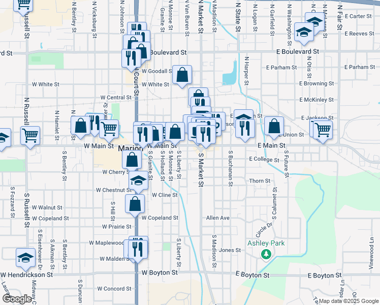 map of restaurants, bars, coffee shops, grocery stores, and more near 105 South Van Buren Street in Marion