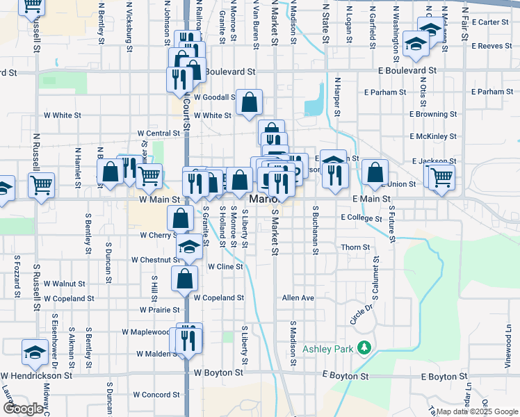 map of restaurants, bars, coffee shops, grocery stores, and more near 105 South Van Buren Street in Marion