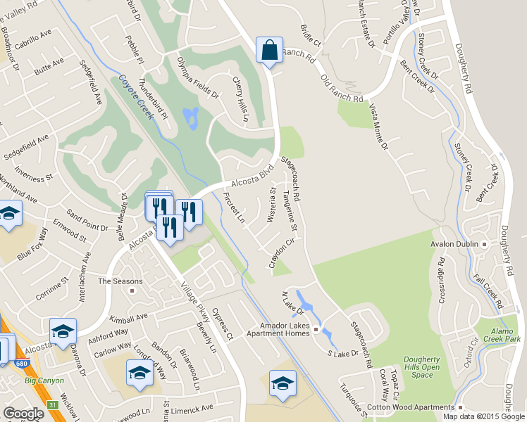map of restaurants, bars, coffee shops, grocery stores, and more near 138 Dogwood Place in San Ramon