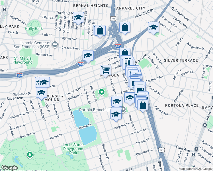 map of restaurants, bars, coffee shops, grocery stores, and more near 344 Silliman Street in San Francisco