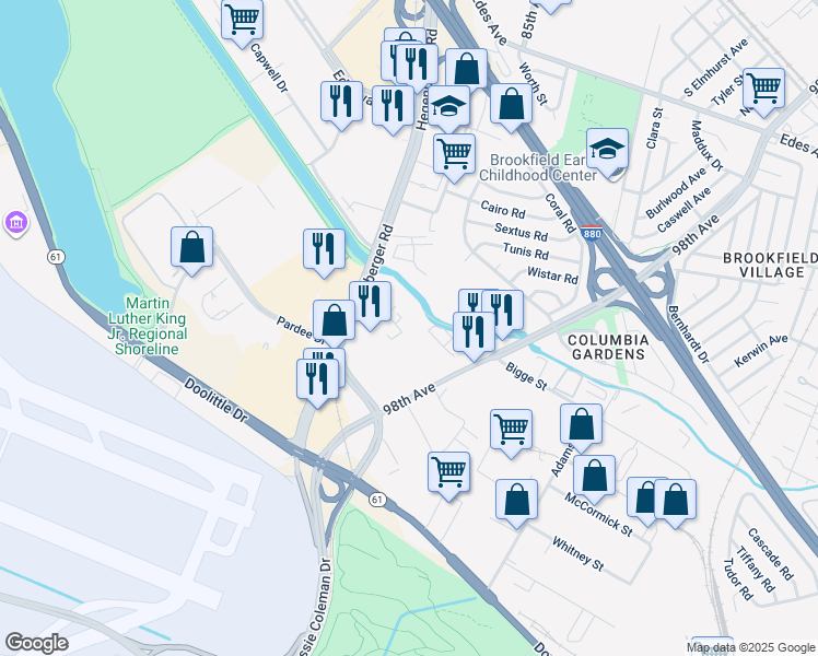 map of restaurants, bars, coffee shops, grocery stores, and more near 20 Hegenberger Place in Oakland