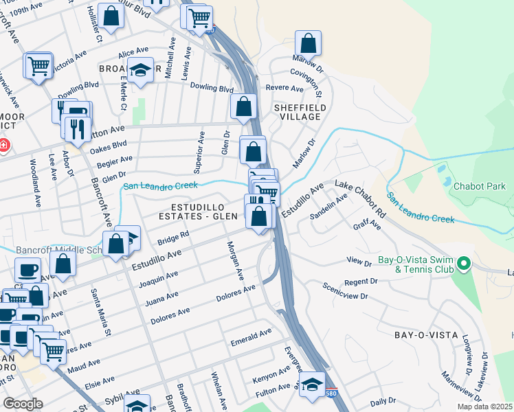 map of restaurants, bars, coffee shops, grocery stores, and more near 1010 Bridge Road in San Leandro