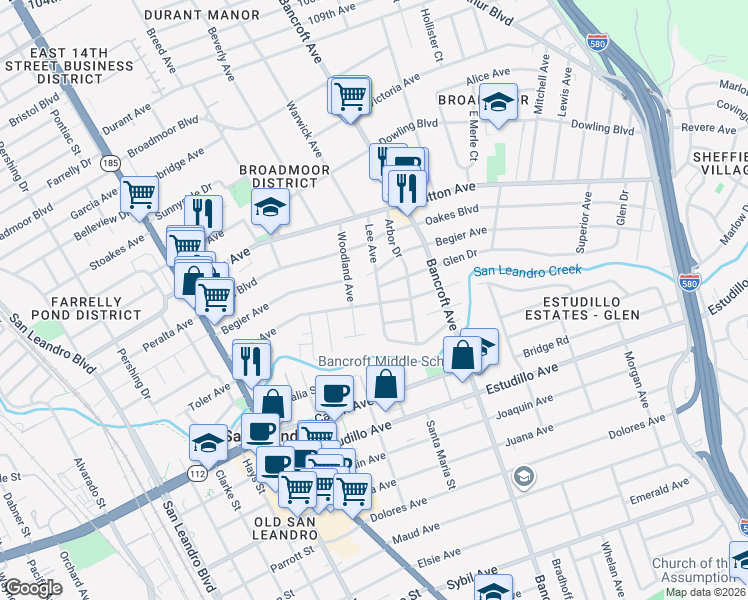 map of restaurants, bars, coffee shops, grocery stores, and more near 869 Lee Avenue in San Leandro