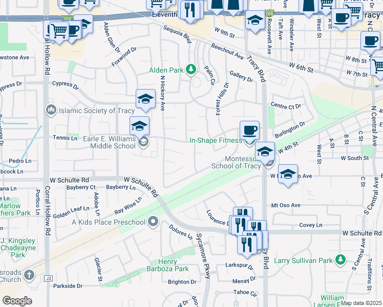 map of restaurants, bars, coffee shops, grocery stores, and more near 31 Wimbledon Lane in Tracy