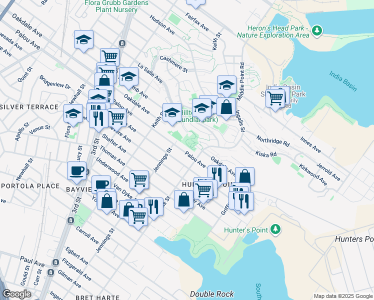 map of restaurants, bars, coffee shops, grocery stores, and more near 1246 Palou Avenue in San Francisco
