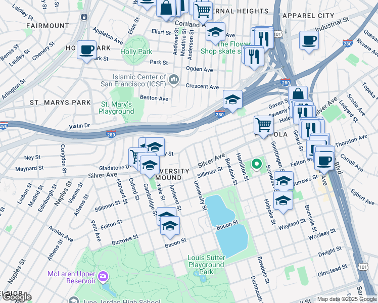 map of restaurants, bars, coffee shops, grocery stores, and more near 11 University Street in San Francisco
