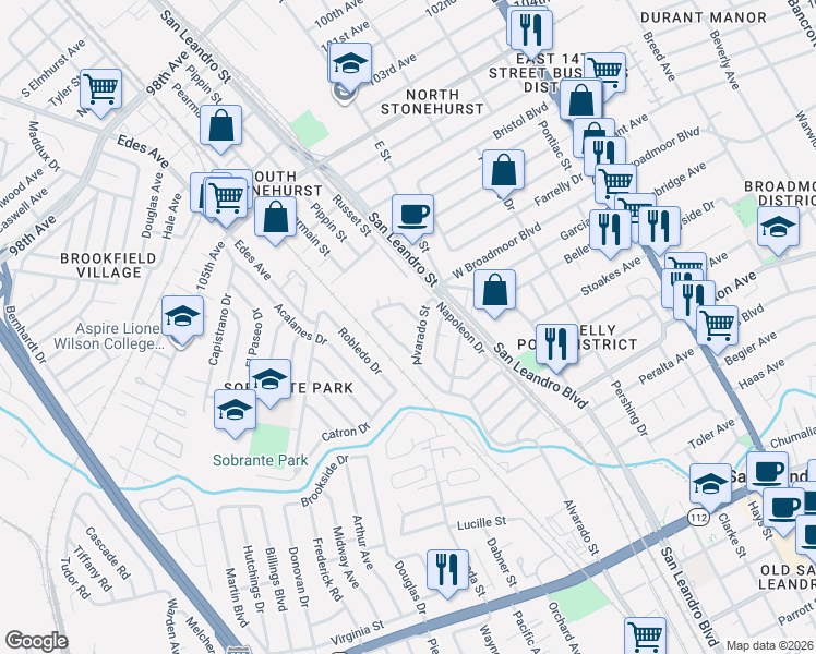 map of restaurants, bars, coffee shops, grocery stores, and more near 210 Accolade Drive in San Leandro