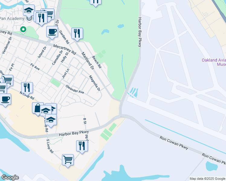 map of restaurants, bars, coffee shops, grocery stores, and more near 400 Fairway Place in Alameda