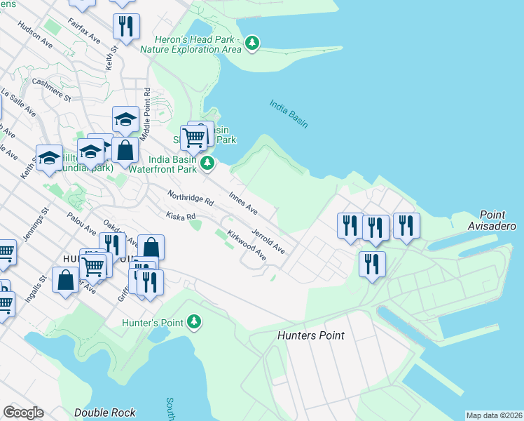 map of restaurants, bars, coffee shops, grocery stores, and more near 770 Innes Avenue in San Francisco