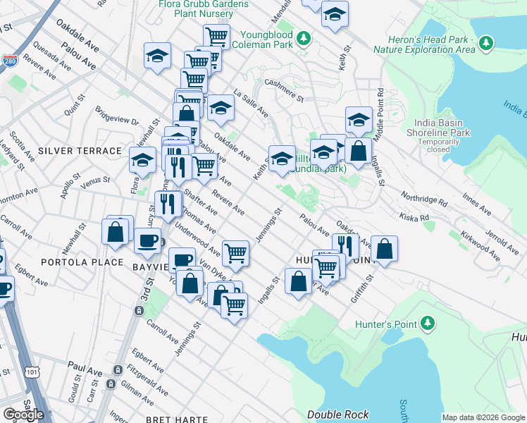 map of restaurants, bars, coffee shops, grocery stores, and more near 1448 Quesada Avenue in San Francisco