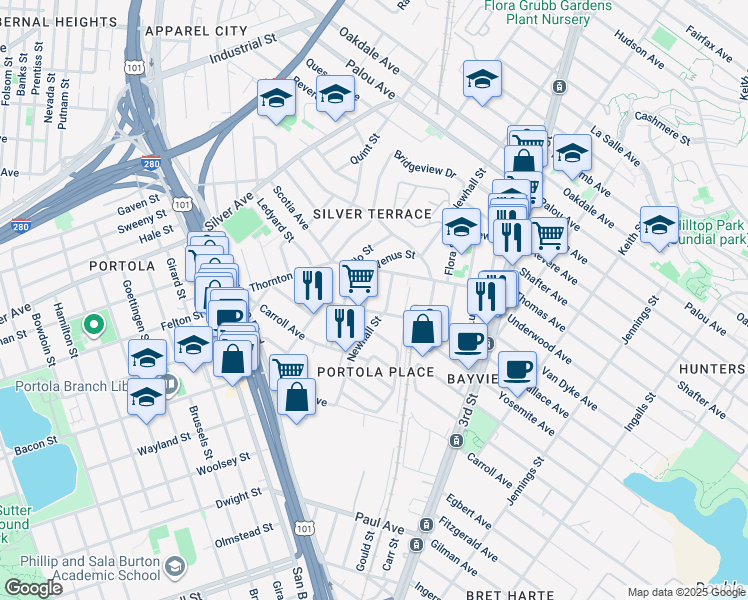 map of restaurants, bars, coffee shops, grocery stores, and more near 4 Neptune Street in San Francisco