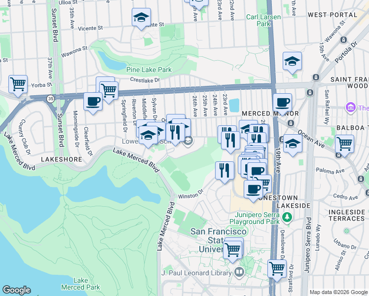 map of restaurants, bars, coffee shops, grocery stores, and more near 950 Eucalyptus Drive in San Francisco