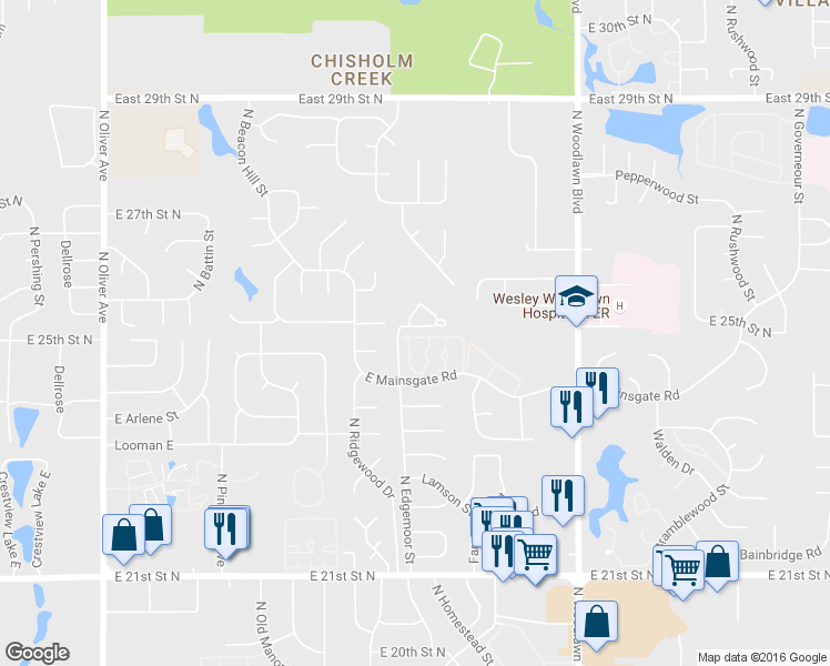 map of restaurants, bars, coffee shops, grocery stores, and more near 2609-2613 North Edgemoor Drive in Wichita