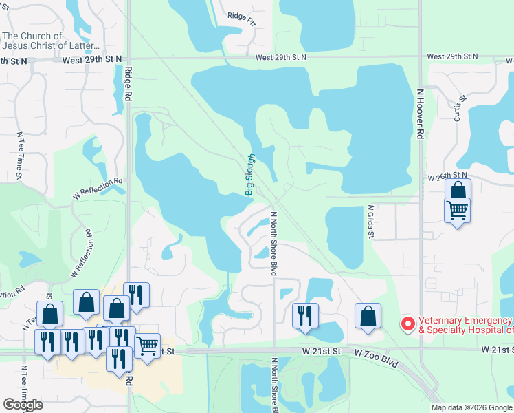 map of restaurants, bars, coffee shops, grocery stores, and more near 2489-2553 North North Shore Boulevard in Wichita